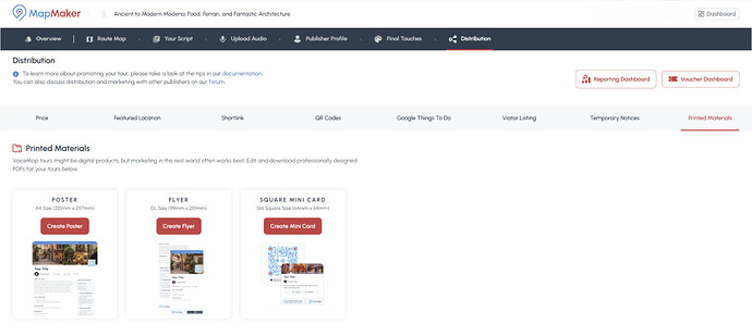 VoiceMap's new Printed Materials section in your tour's Distribution tab